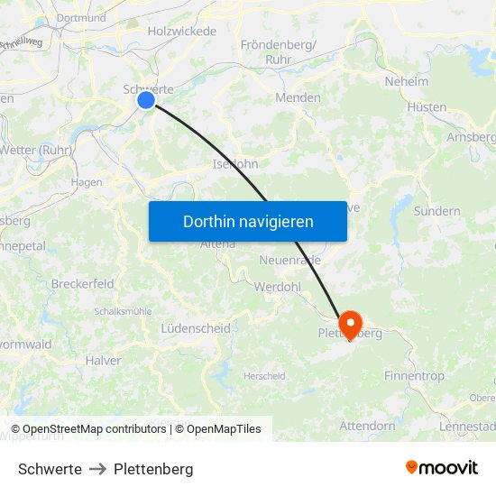 Schwerte to Plettenberg map