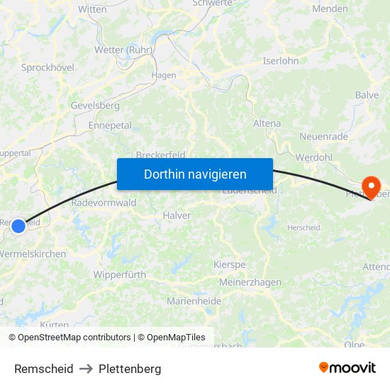 Remscheid to Plettenberg map
