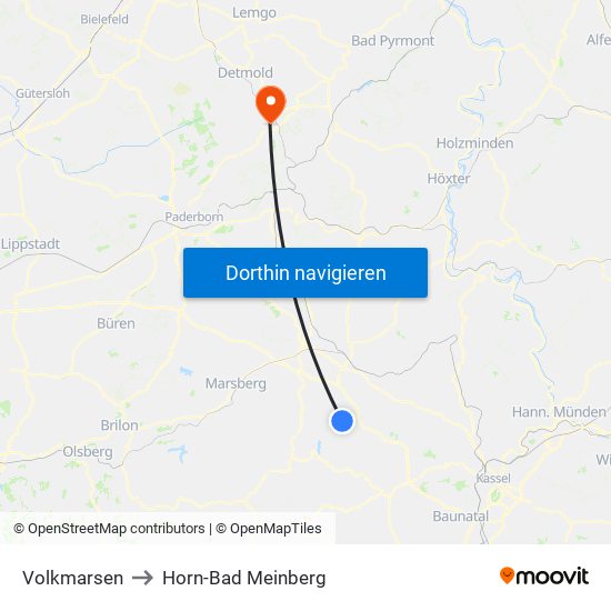 Volkmarsen to Horn-Bad Meinberg map