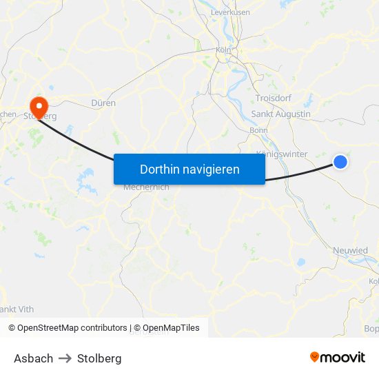 Asbach to Stolberg map