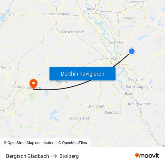 Bergisch Gladbach to Stolberg map
