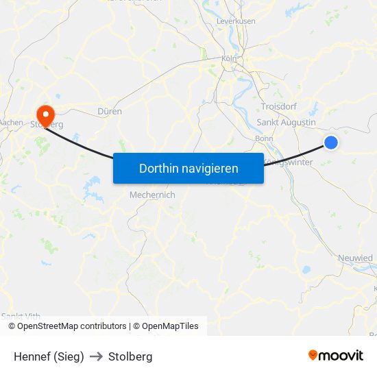 Hennef (Sieg) to Stolberg map