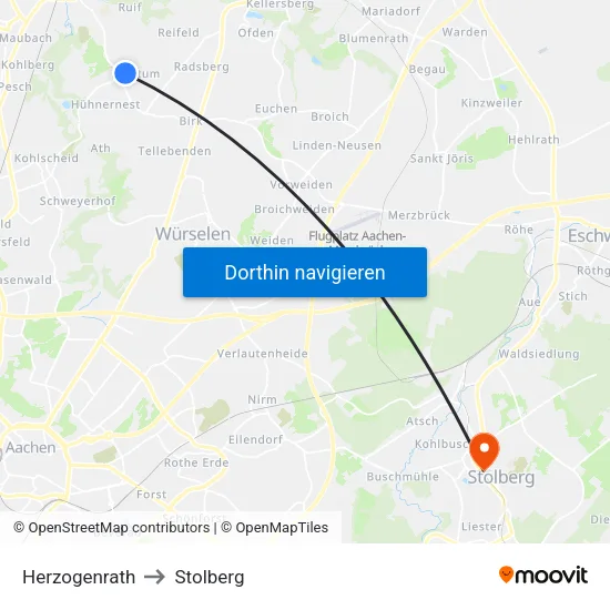 Herzogenrath to Stolberg map