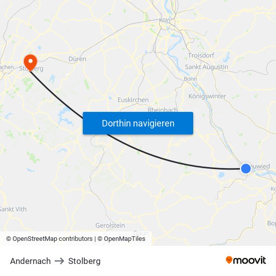 Andernach to Stolberg map