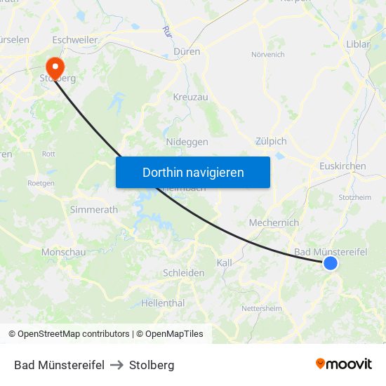 Bad Münstereifel to Stolberg map