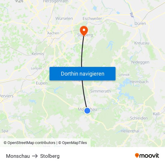 Monschau to Stolberg map