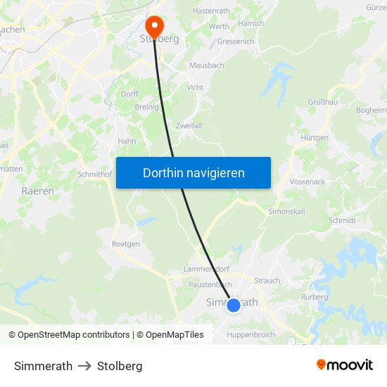 Simmerath to Stolberg map