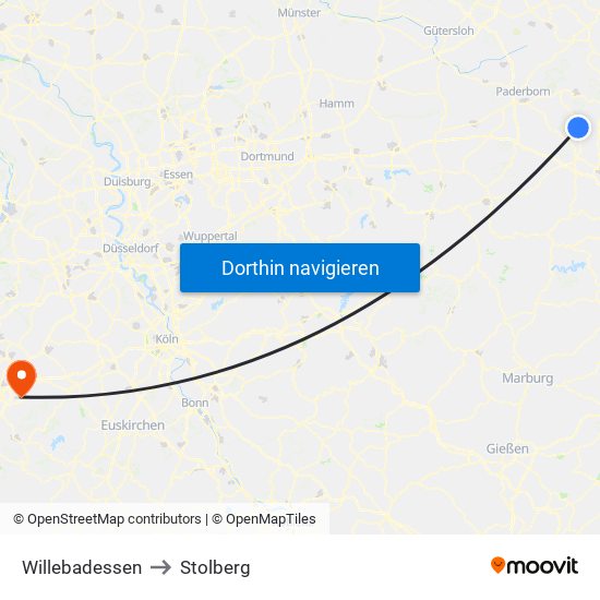 Willebadessen to Stolberg map