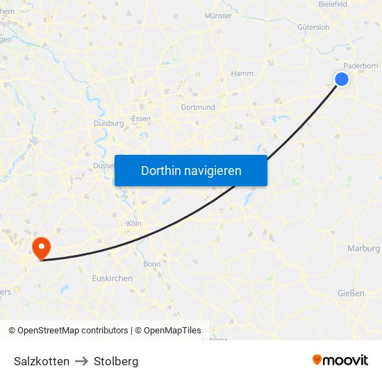 Salzkotten to Stolberg map