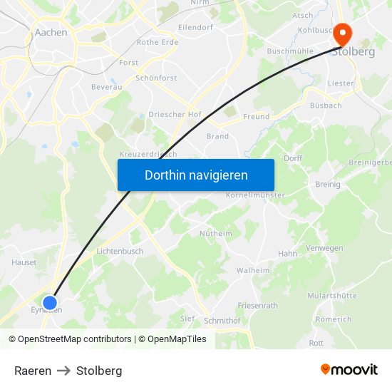 Raeren to Stolberg map