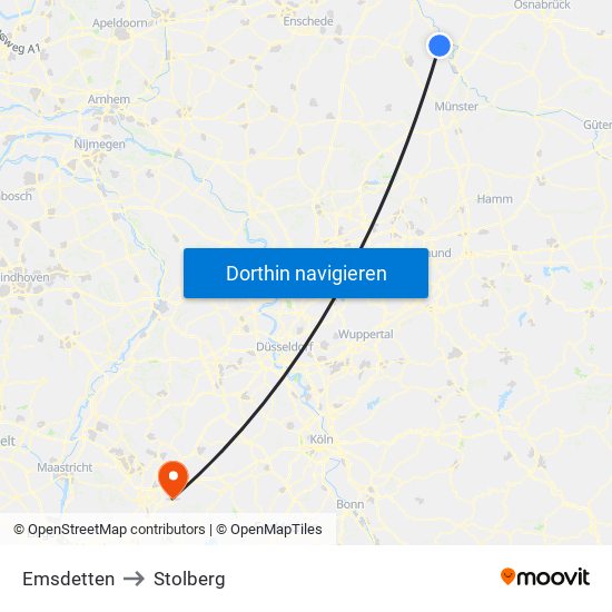 Emsdetten to Stolberg map