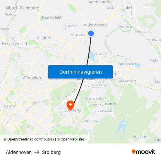 Aldenhoven to Stolberg map