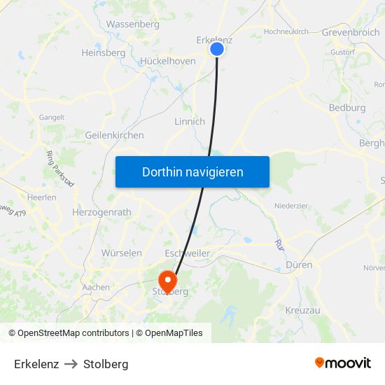 Erkelenz to Stolberg map