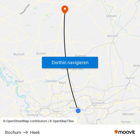 Bochum to Heek map