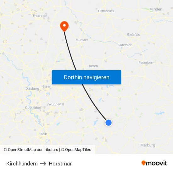 Kirchhundem to Horstmar map