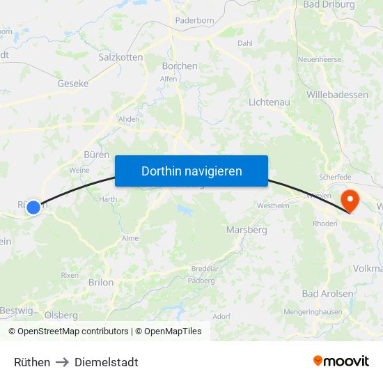 Rüthen to Diemelstadt map