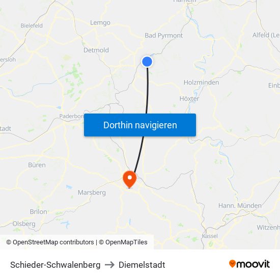 Schieder-Schwalenberg to Diemelstadt map