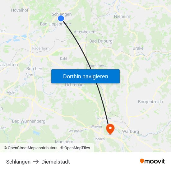 Schlangen to Diemelstadt map