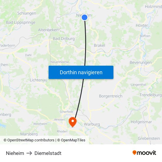 Nieheim to Diemelstadt map
