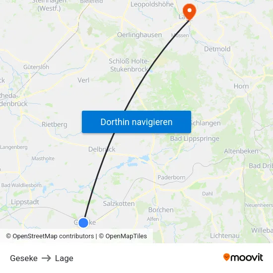 Geseke to Lage map