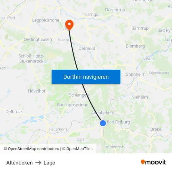 Altenbeken to Lage map