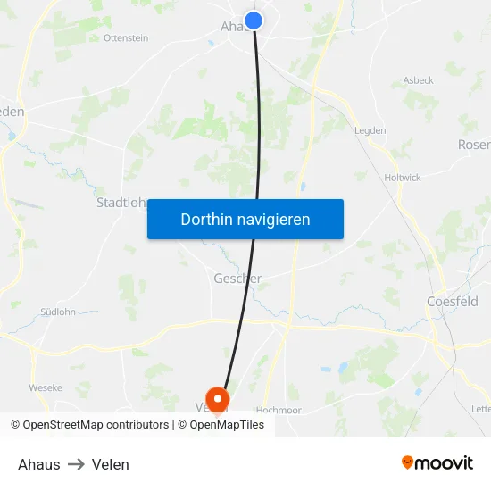 Ahaus to Velen map
