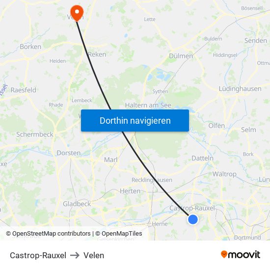 Castrop-Rauxel to Velen map