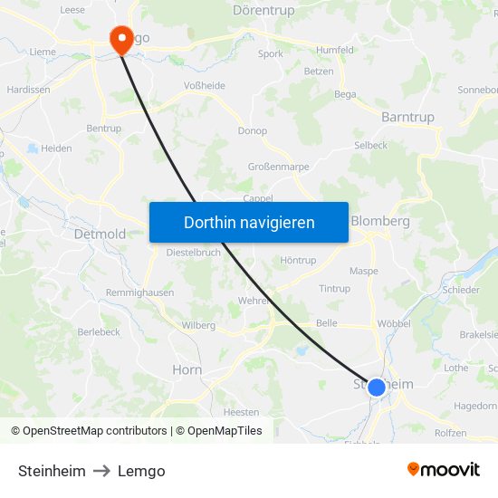 Steinheim to Lemgo map