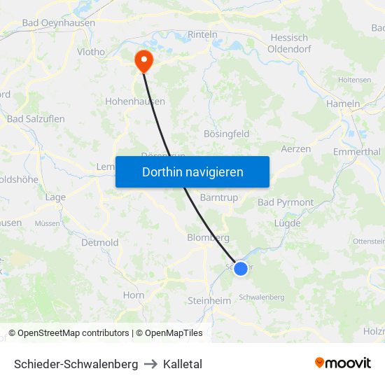 Schieder-Schwalenberg to Kalletal map