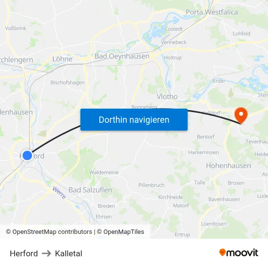 Herford to Kalletal map