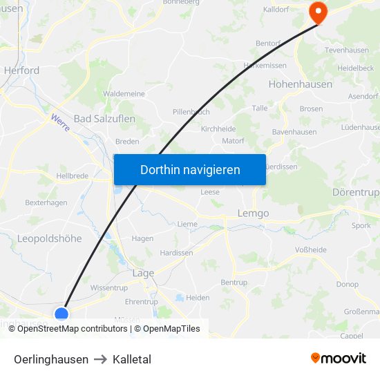 Oerlinghausen to Kalletal map