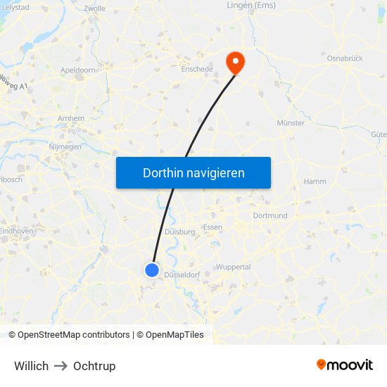 Willich to Ochtrup map