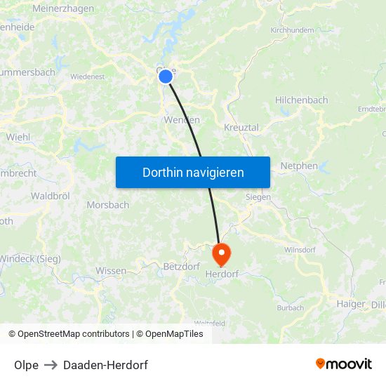 Olpe to Daaden-Herdorf map