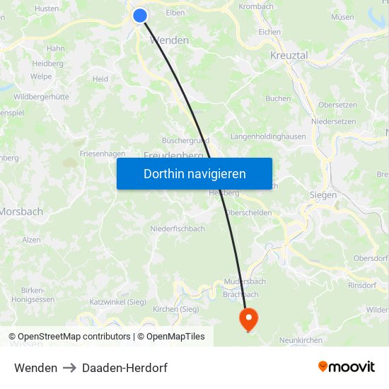 Wenden to Daaden-Herdorf map