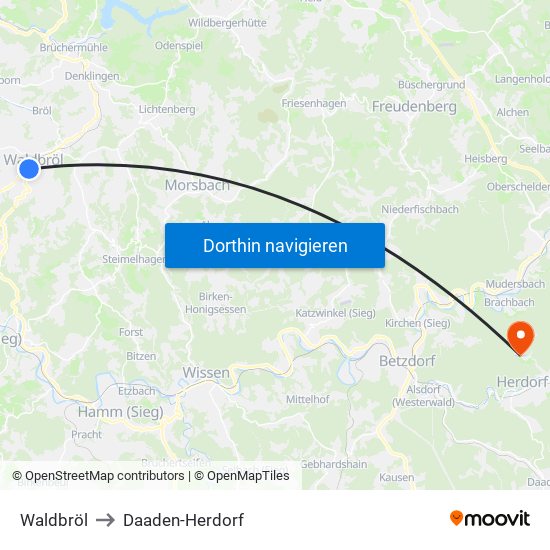 Waldbröl to Daaden-Herdorf map