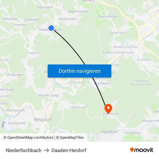 Niederfischbach to Daaden-Herdorf map