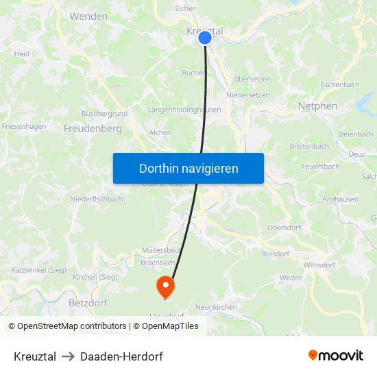 Kreuztal to Daaden-Herdorf map