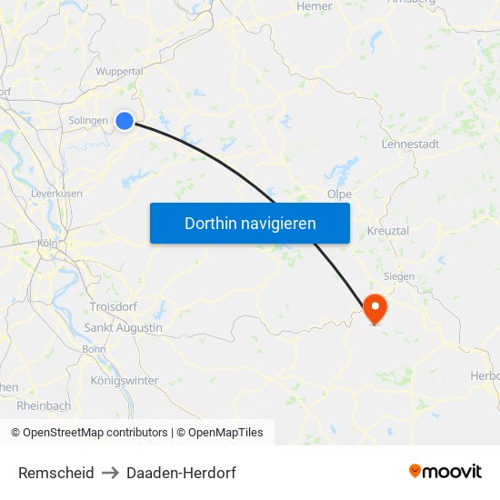 Remscheid to Daaden-Herdorf map
