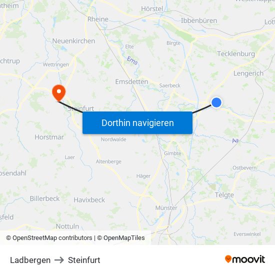 Ladbergen to Steinfurt map