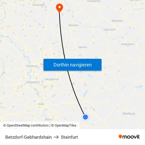 Betzdorf-Gebhardshain to Steinfurt map