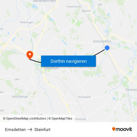 Emsdetten to Steinfurt map