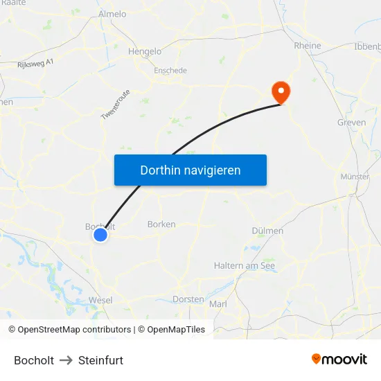 Bocholt to Steinfurt map