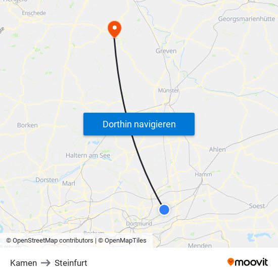 Kamen to Steinfurt map