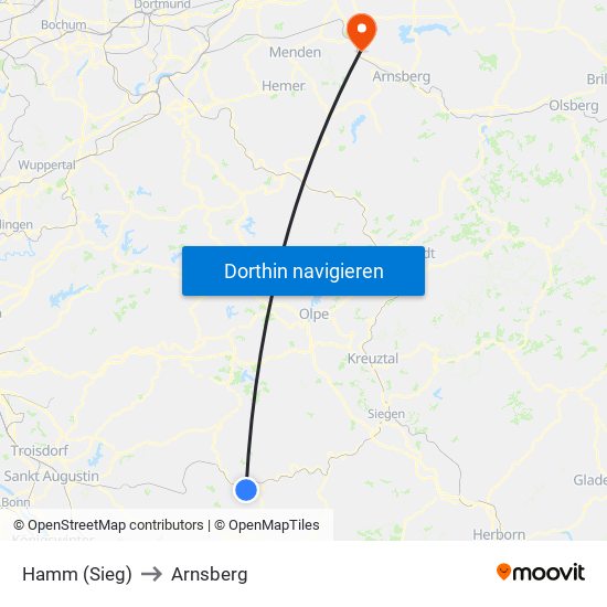 Hamm (Sieg) to Arnsberg map