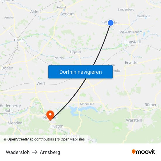 Wadersloh to Arnsberg map