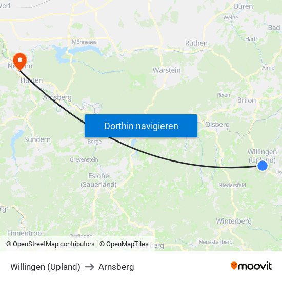 Willingen (Upland) to Arnsberg map