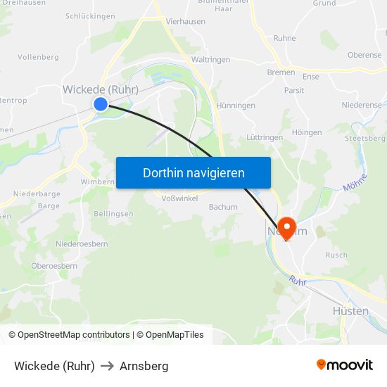 Wickede (Ruhr) to Arnsberg map