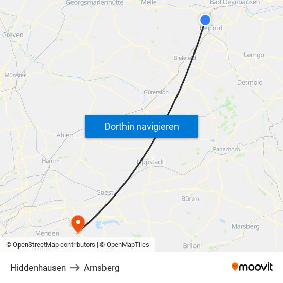 Hiddenhausen to Arnsberg map