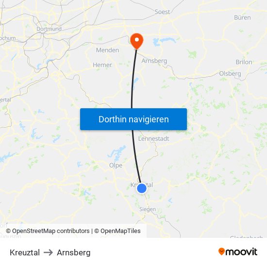 Kreuztal to Arnsberg map