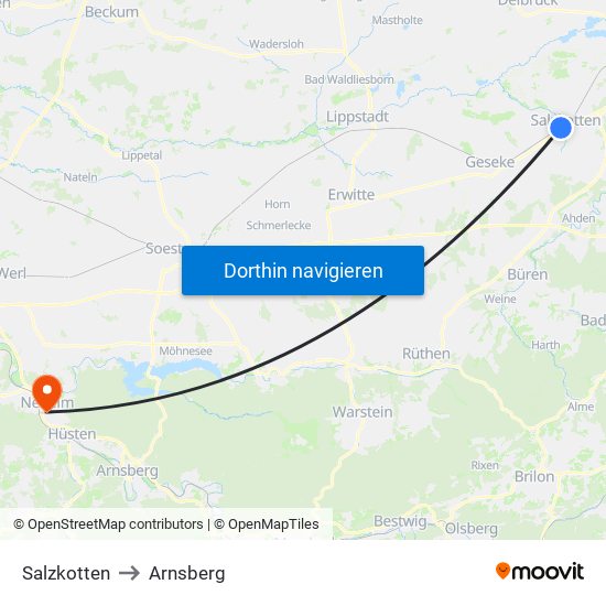 Salzkotten to Arnsberg map
